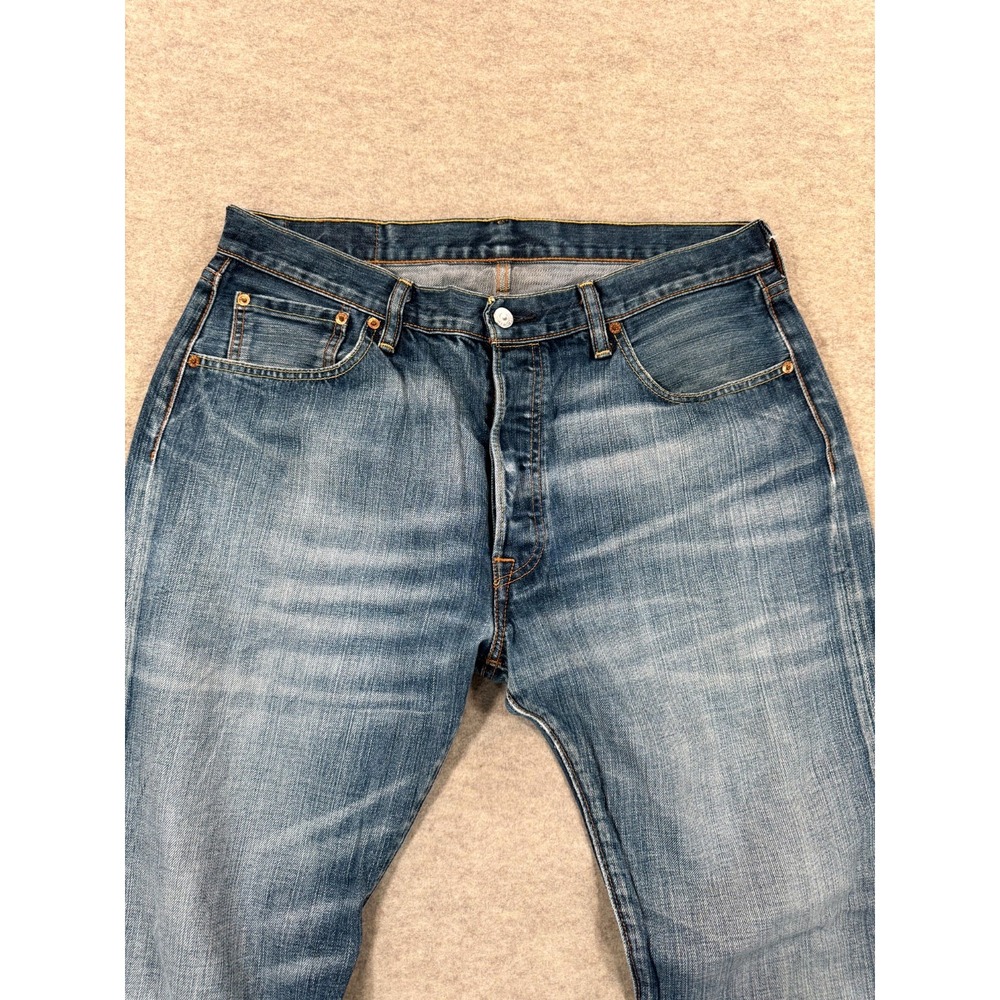 Levis 501 Authentic Jeans Mens 36x34 Blue Whiskering Denim Cotton Logo Mid Rise - Picture 2 of 16